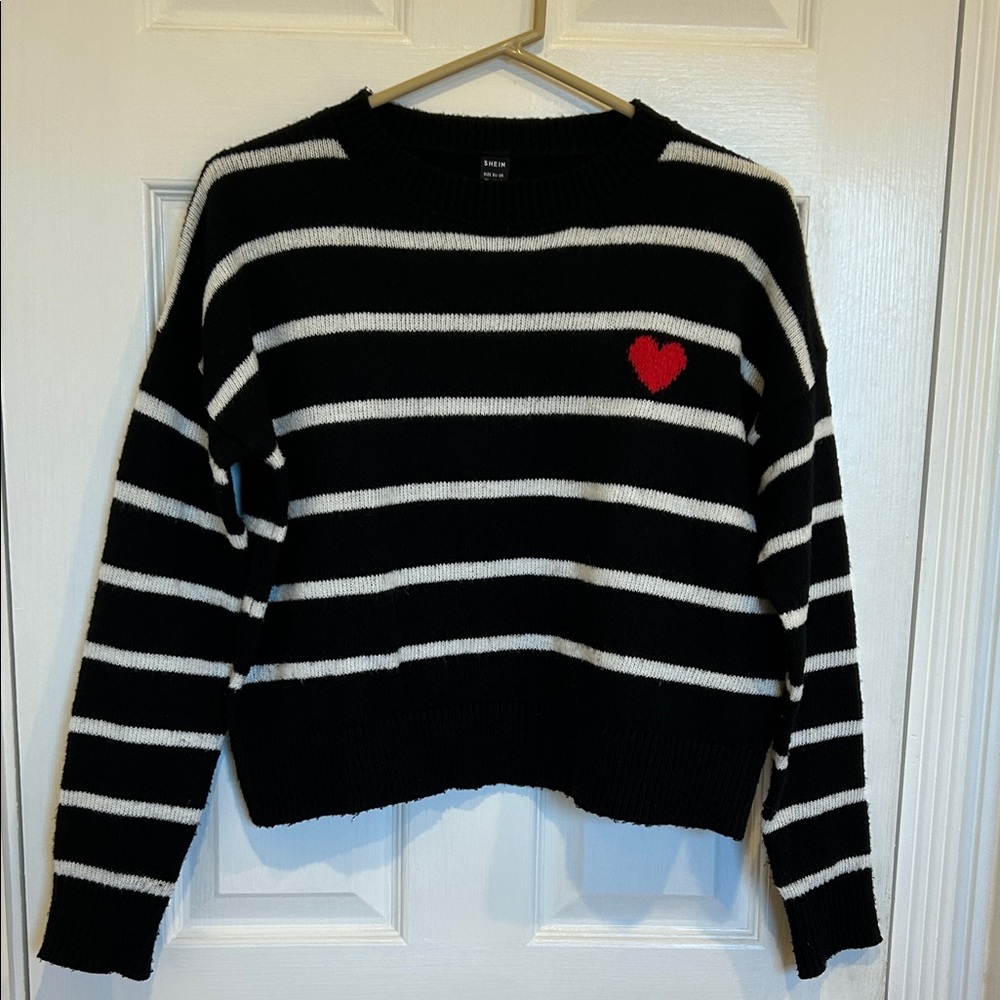 SHEIN Black and White Striped Sweater with Red Heart, small